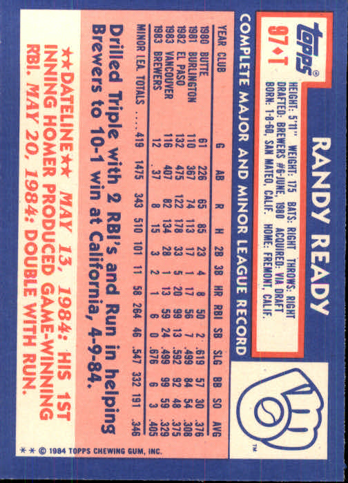 1984 Topps Traded #97T Randy Ready XRC back image