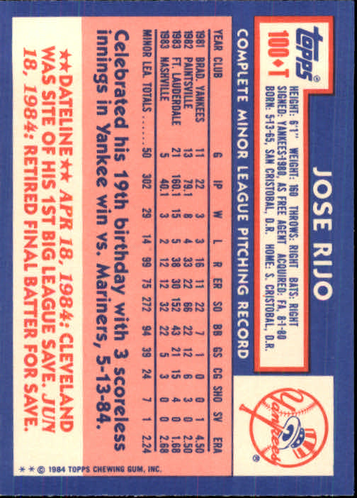 1984 Topps Traded #100T Jose Rijo XRC back image