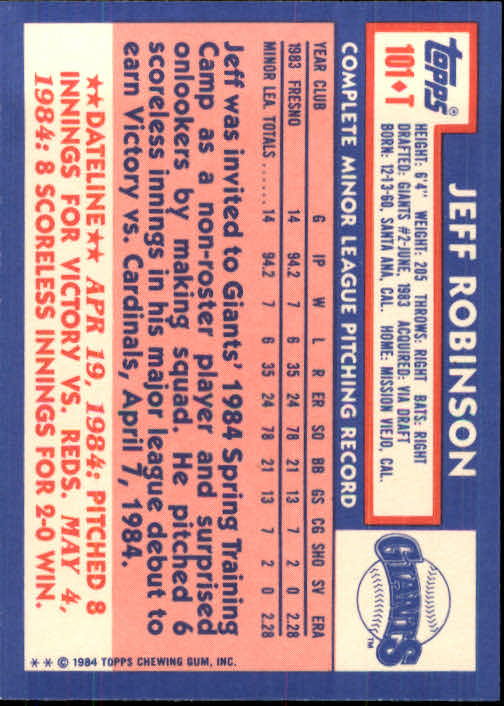 1984 Topps Traded #101T Jeff D. Robinson XRC back image
