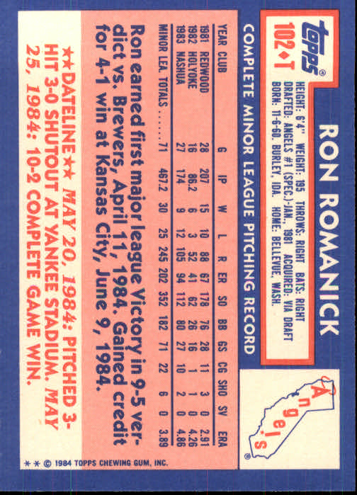 1984 Topps Traded #102T Ron Romanick XRC back image