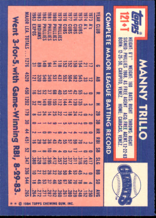 B1179- 1984 Topps Traded BB Card #s 1-132 +Rookies -You Pick- 15+ FREE US SHIP - Picture 203 of 223