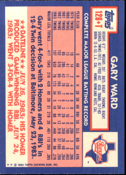 1984 Topps Traded #126T Gary Ward back image