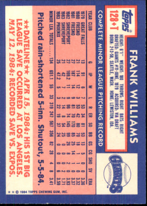 1984 Topps Traded #128T Frank Williams XRC back image