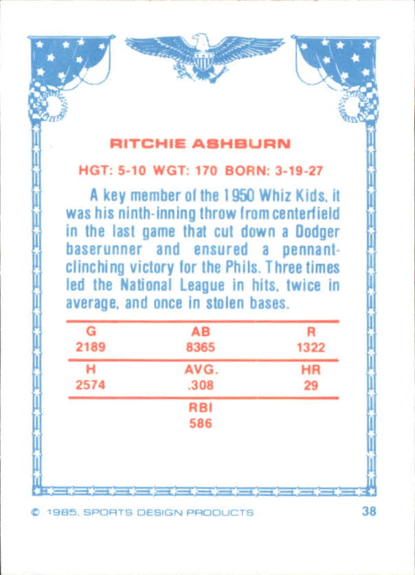 1984-85 Sports Design Products West #38 Richie Ashburn UER/Spelled Ritchie back image
