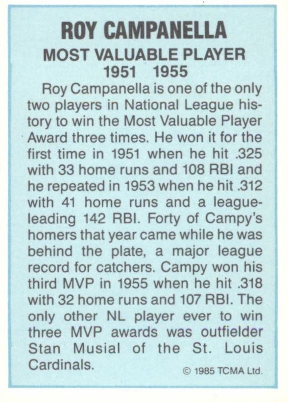 1985 TCMA NL MVP #3 Roy Campanella back image
