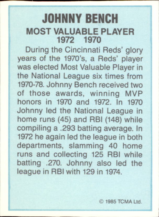 1985 TCMA NL MVP #2 Johnny Bench back image