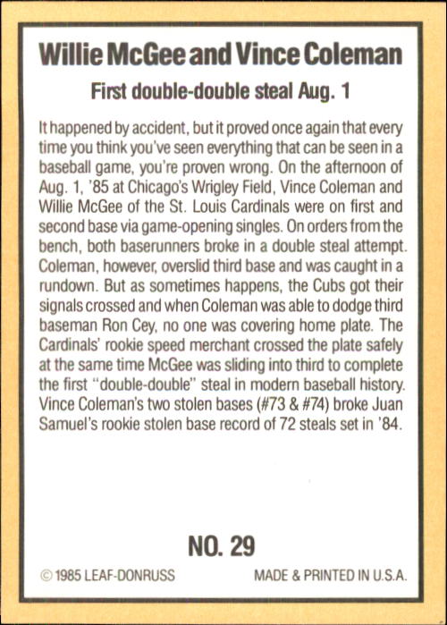 1985 Donruss Highlights #29 Willie McGee and/Vince Coleman: Record/Setting B back image