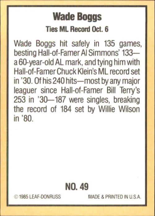 1985 Donruss Highlights #49 Wade Boggs back image