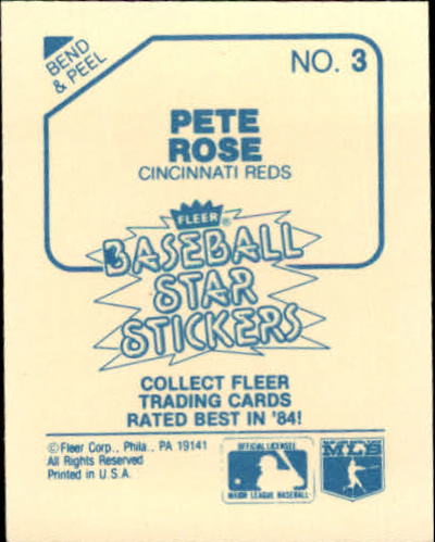 1985 Fleer Star Stickers #3 Pete Rose back image