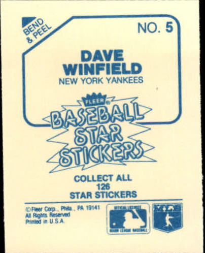 1985 Fleer Star Stickers #5 Dave Winfield back image