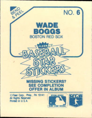 1985 Fleer Star Stickers #6 Wade Boggs back image