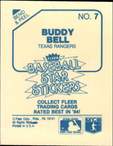1985 Fleer Star Stickers #7 Buddy Bell back image