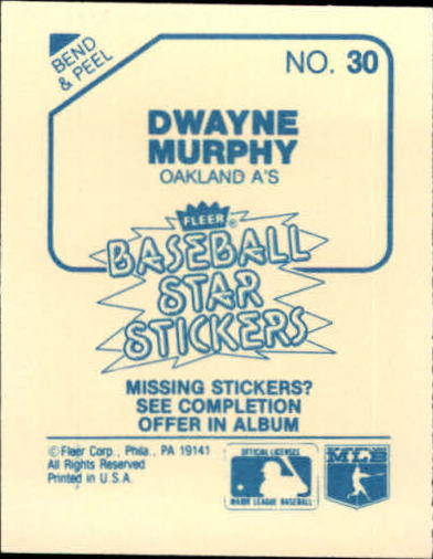 1985 Fleer Star Stickers #30 Dwayne Murphy back image