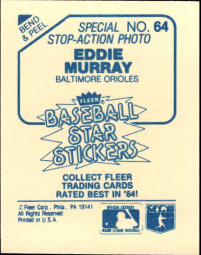 1985 Fleer Star Stickers #64 Eddie Murray SA back image