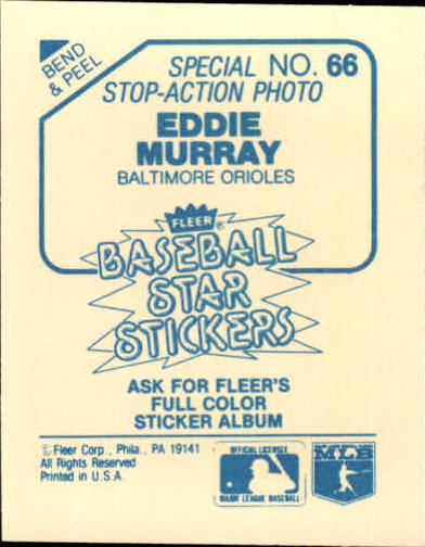 1985 Fleer Star Stickers #66 Eddie Murray SA back image