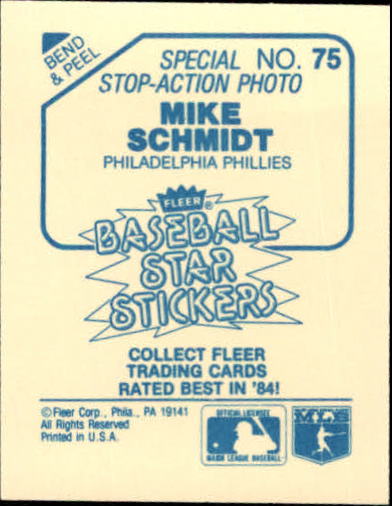 1985 Fleer Star Stickers #75 Mike Schmidt SA back image