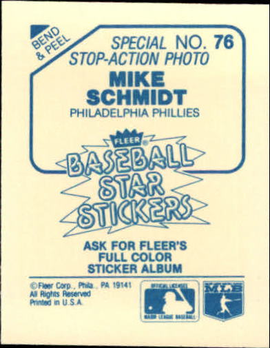 1985 Fleer Star Stickers #76 Mike Schmidt SA back image