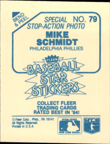 1985 Fleer Star Stickers #79 Mike Schmidt SA back image