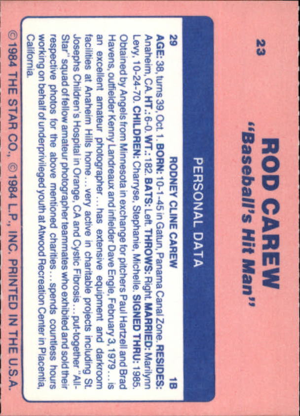 1985 Star Carew #23 Rod Carew/Personal Data back image