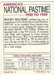1985 Big League Collectibles 30s #2 Bucky Walters back image