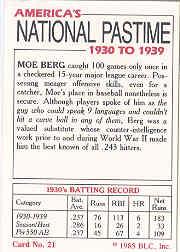 1985 Big League Collectibles 30s #21 Moe Berg back image