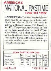 1985 Big League Collectibles 30s #22 Floyd Babe Herman back image