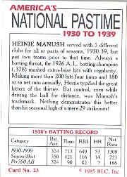 1985 Big League Collectibles 30s #23 Heinie Manush back image