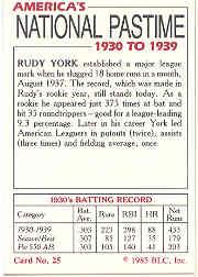 1985 Big League Collectibles 30s #25 Rudy York back image