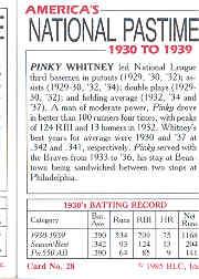 1985 Big League Collectibles 30s #28 Arthur Pinky Whitney back image