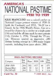 1985 Big League Collectibles 30s #30 Gus Mancuso back image