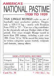 1985 Big League Collectibles 30s #38 Van Lingle Mungo back image