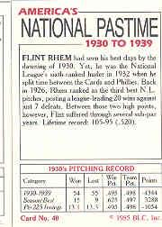 1985 Big League Collectibles 30s #40 Flint Rhem back image