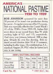1985 Big League Collectibles 30s #45 Bob Johnson back image