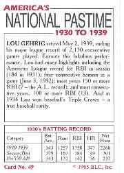 1985 Big League Collectibles 30s #49 Lou Gehrig back image