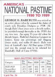 1985 Big League Collectibles 30s #54 Babe Ruth back image