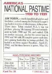 1985 Big League Collectibles 30s #58 Jim Tobin back image
