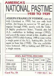 1985 Big League Collectibles 30s #59 Joseph Vosmik back image
