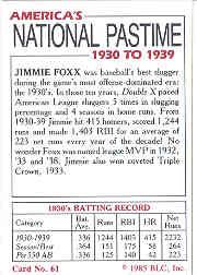1985 Big League Collectibles 30s #61 Jimmie Foxx back image
