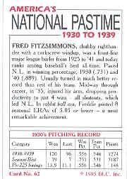 1985 Big League Collectibles 30s #62 Fred Fitzsimmons back image