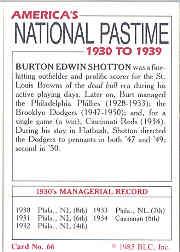 1985 Big League Collectibles 30s #66 Burton Shotton back image