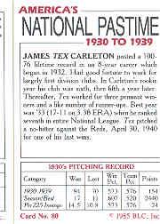 1985 Big League Collectibles 30s #80 James Tex Carleton back image