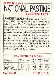 1985 Big League Collectibles 30s #81 Johnny Murphy back image