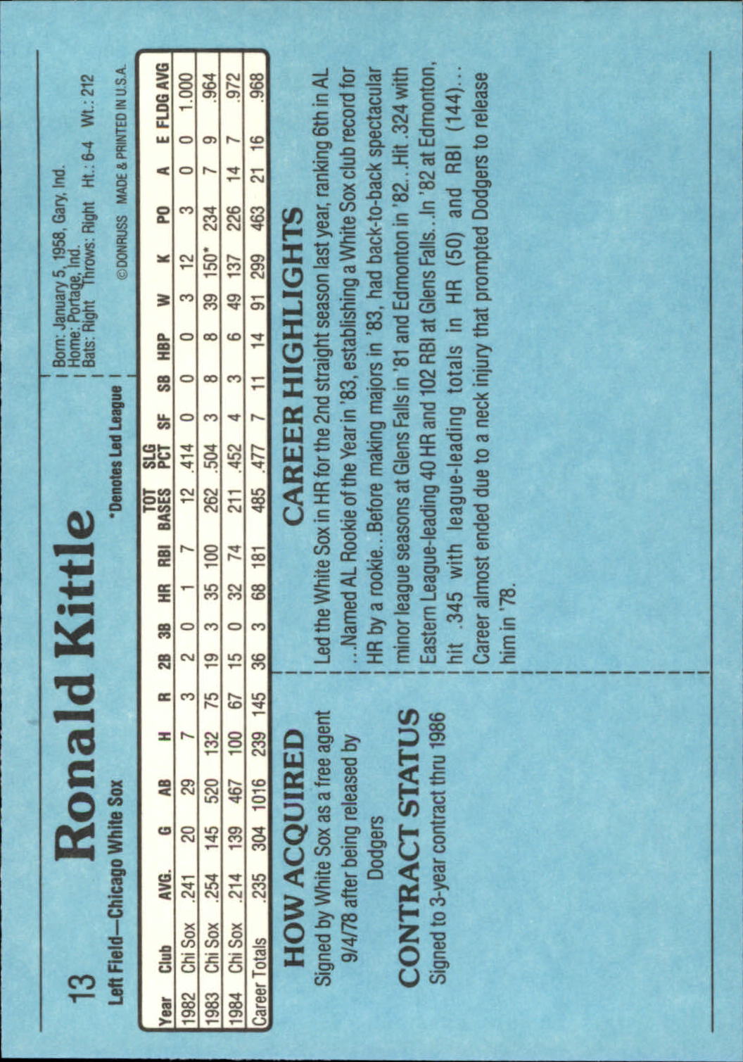 1985 Donruss Action All-Stars #13 Ron Kittle back image