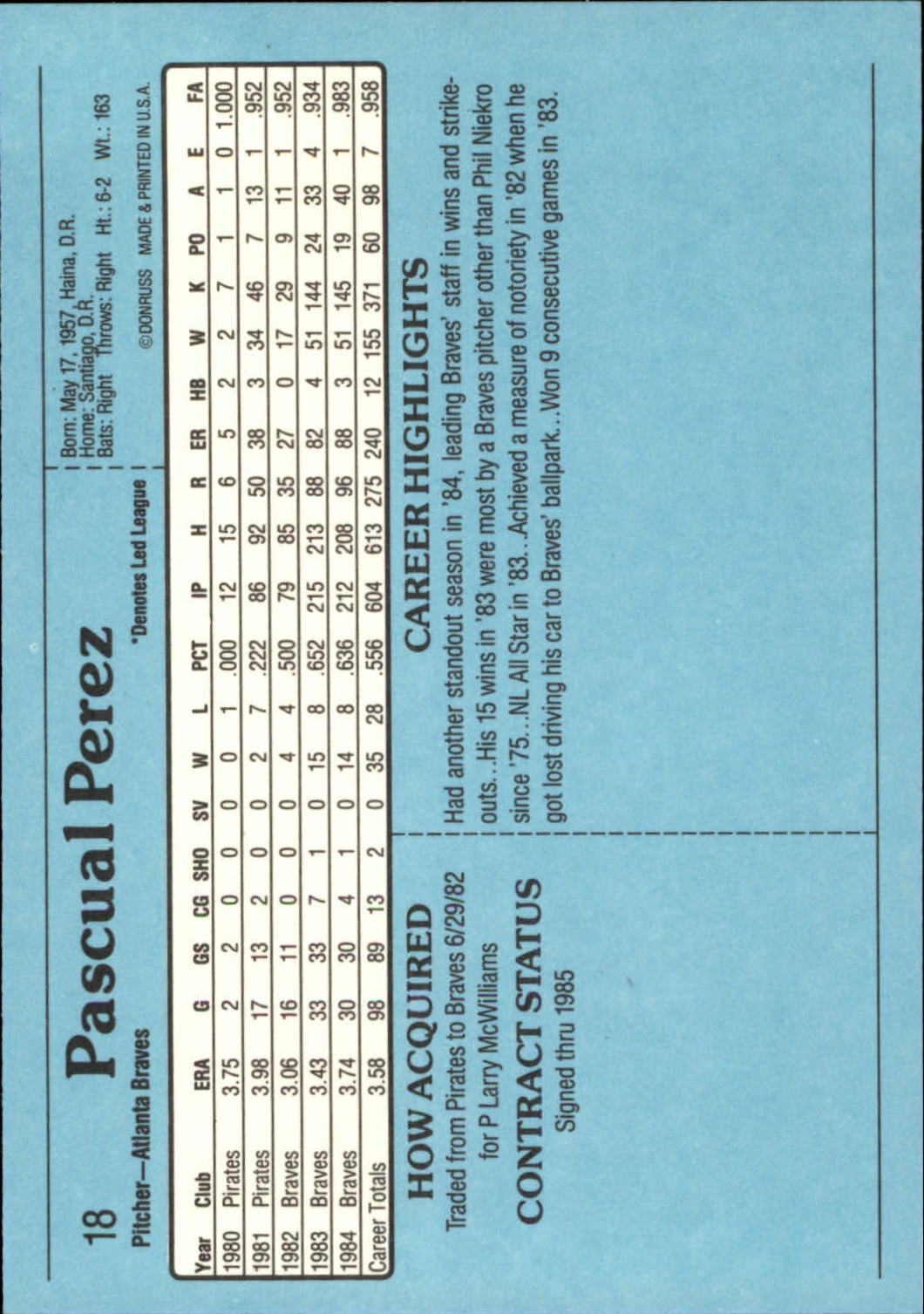1985 Donruss Action All-Stars #18 Pascual Perez back image
