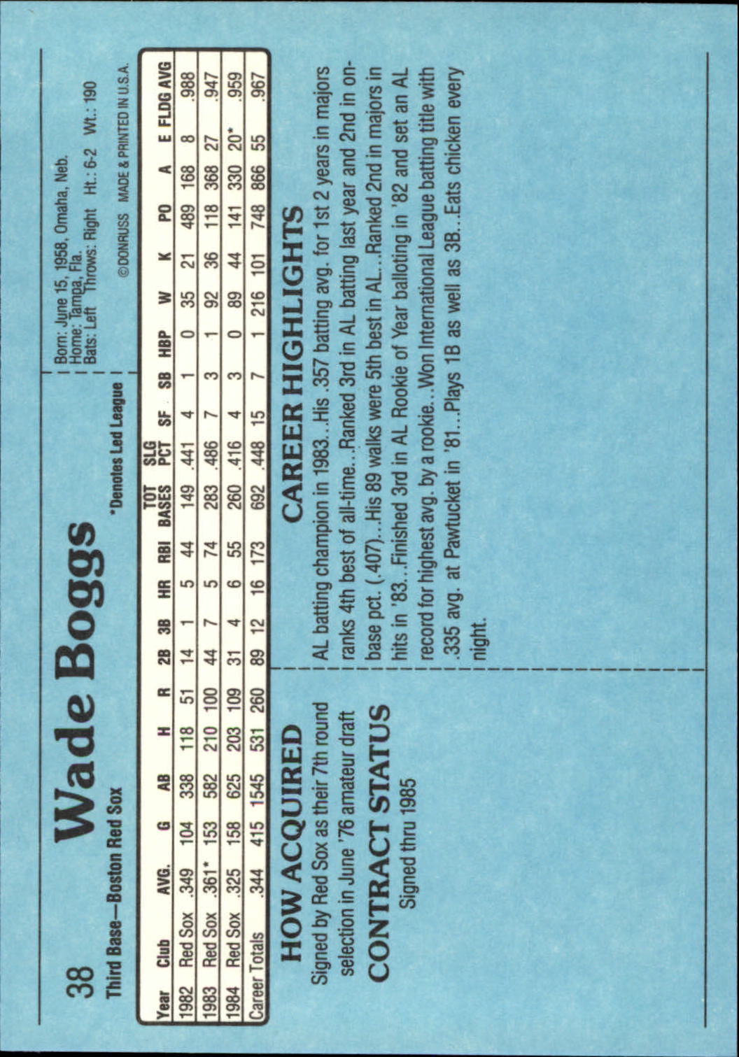 1985 Donruss Action All-Stars #38 Wade Boggs back image