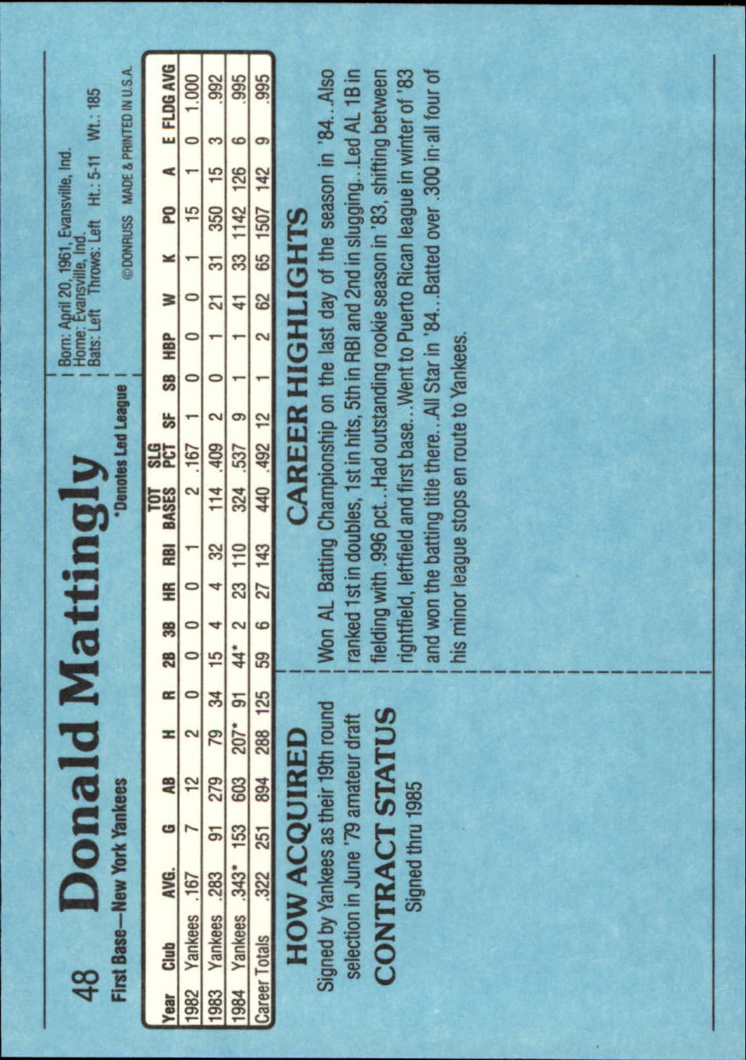 1985 Donruss Action All-Stars #48 Don Mattingly back image
