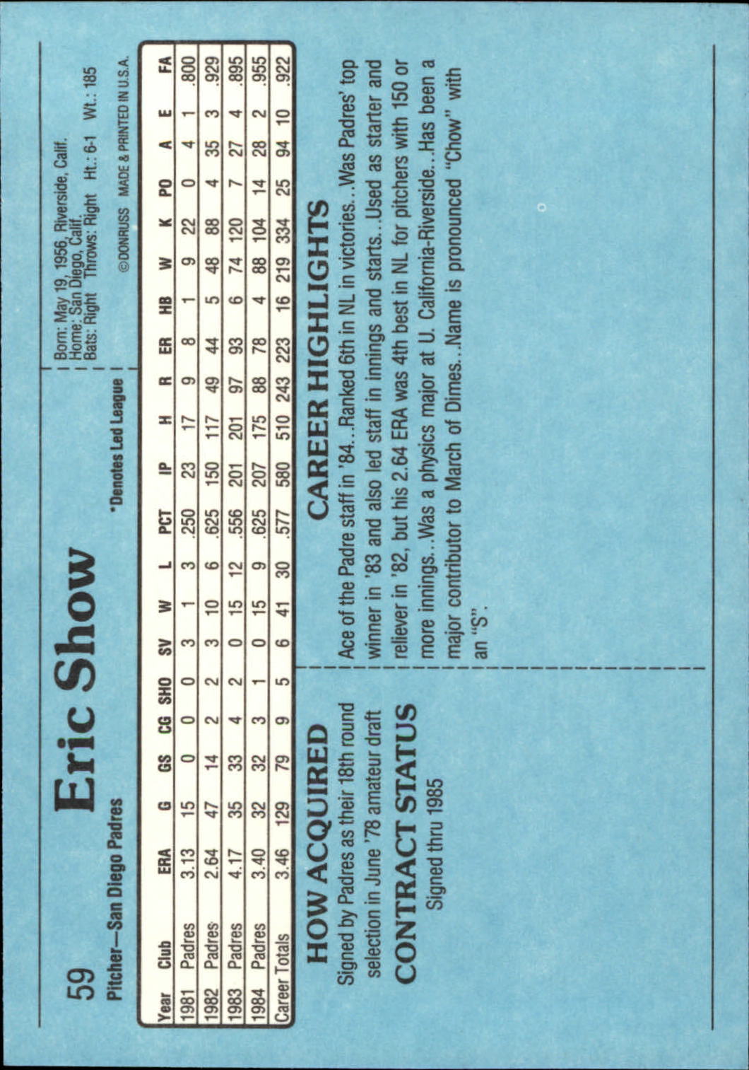 1985 Donruss Action All-Stars #59 Eric Show back image