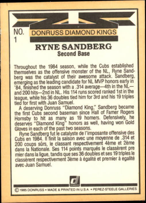 1985 Leaf/Donruss #1 Ryne Sandberg DK back image