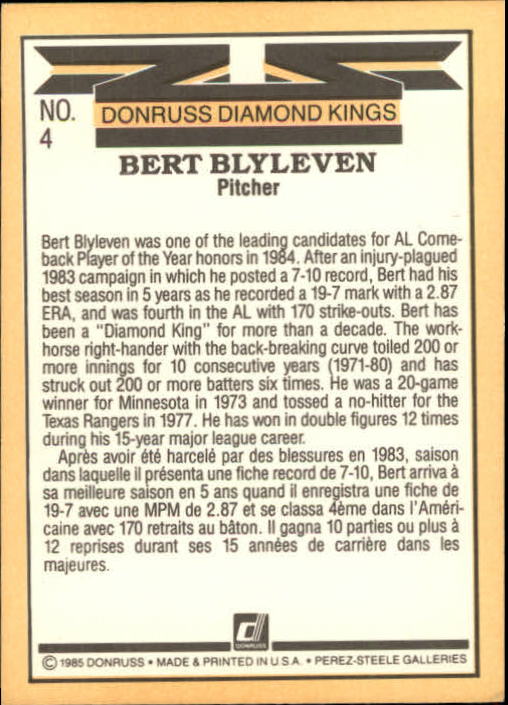 1985 Leaf/Donruss #4 Bert Blyleven DK back image