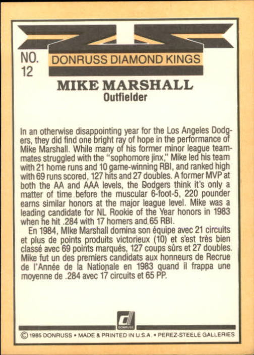 1985 Leaf/Donruss #12 Mike Marshall DK back image
